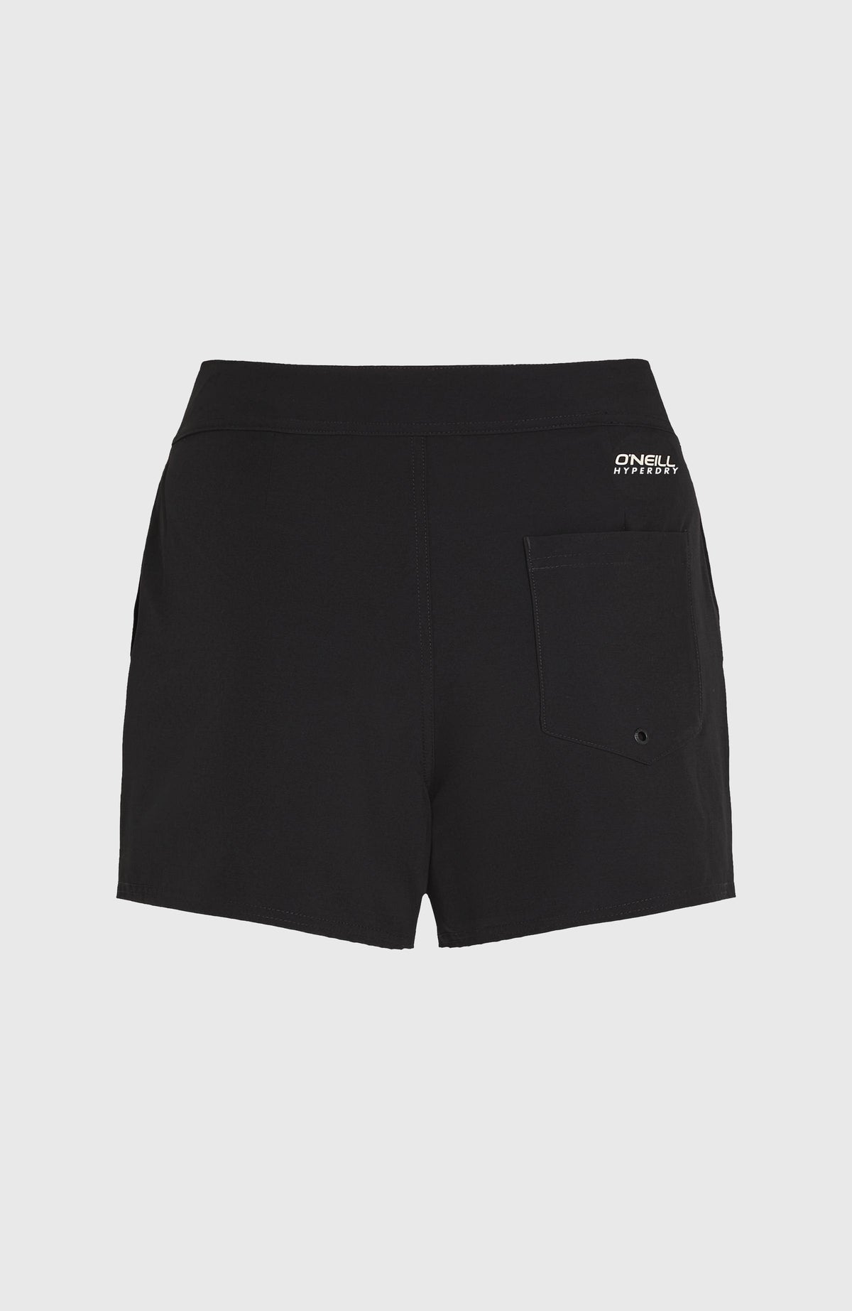 Schwarze Women of the Wave 14'' Boardshorts für Damen, flach liegend von hinten mit Gesäßtasche