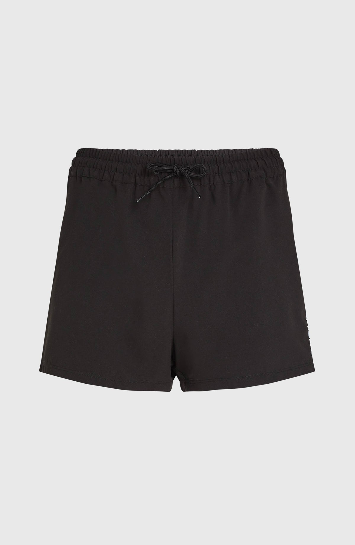Essentials 12'' Badeshorts für Damen, schwarz, flach liegend von vorne mit Bund und Kordelzug
