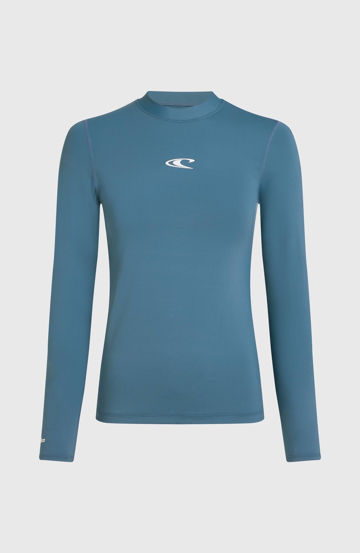 Essentials Longsleeve-Schwimmshirt für Damen, blau, freigestellt von vorne mit Stehkragen und Logo-Print