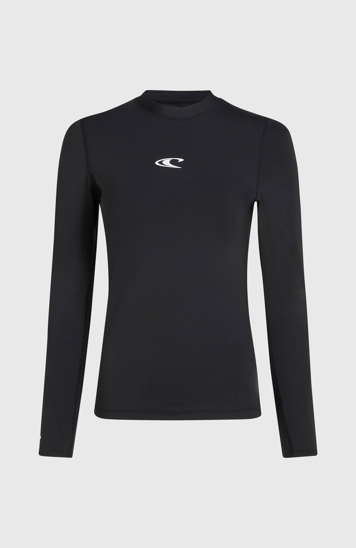 Essentials Longsleeve-Schwimmshirt für Damen in Schwarz, freigestellt von vorne mit zentralem Logo-Print
