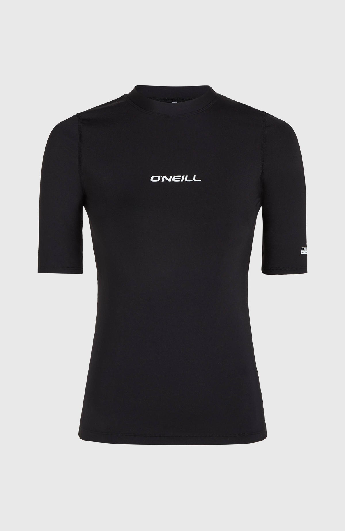 Essentials Shortsleeve-Schwimmshirt für Damen, schwarz mit Logo-Print in Weiß, freigestellt von vorne