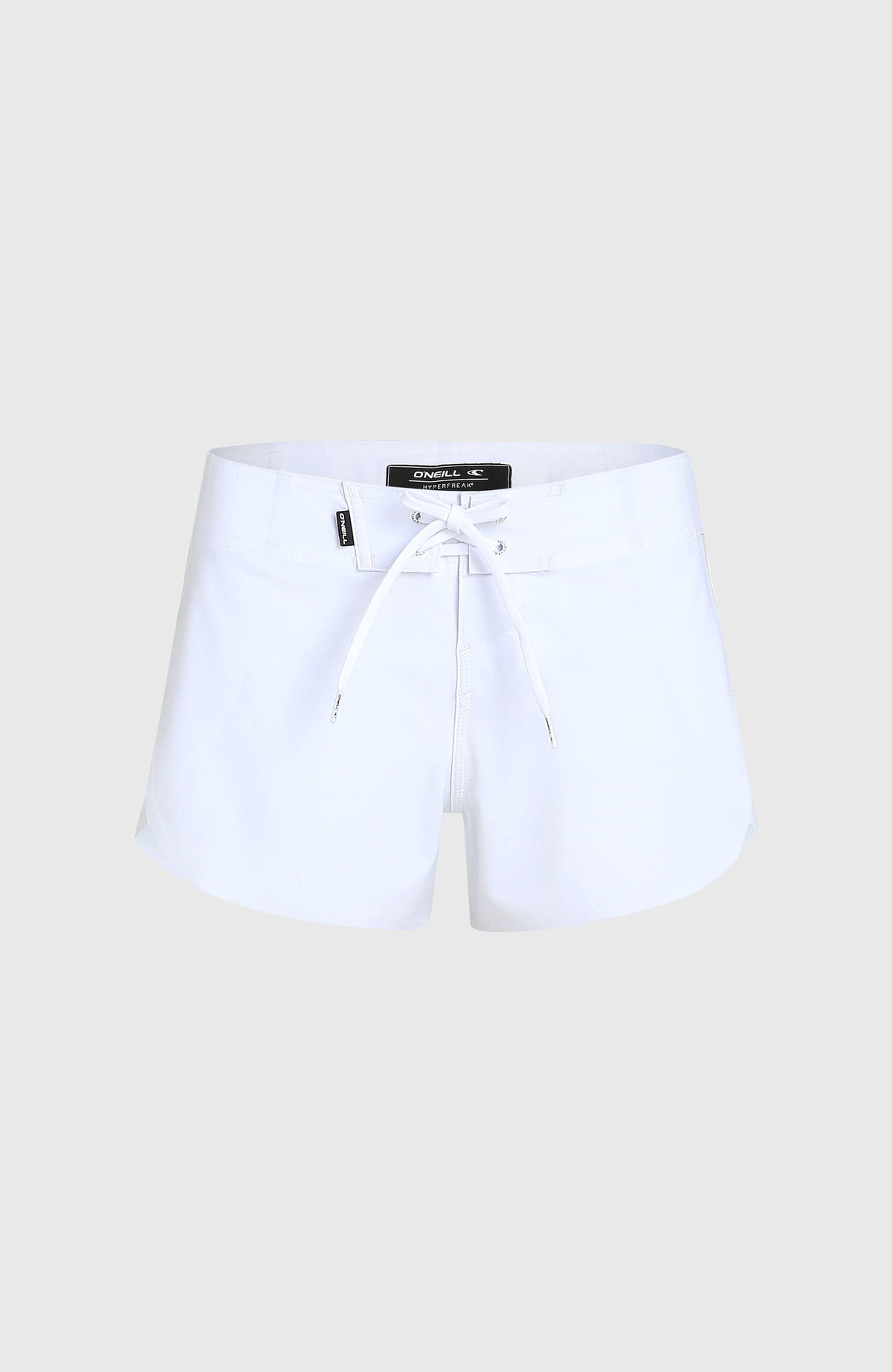 Hyperfreak Tech Boardshorts für Damen in Weiß, freigestellt von vorne mit Bund und Kordelverschluss