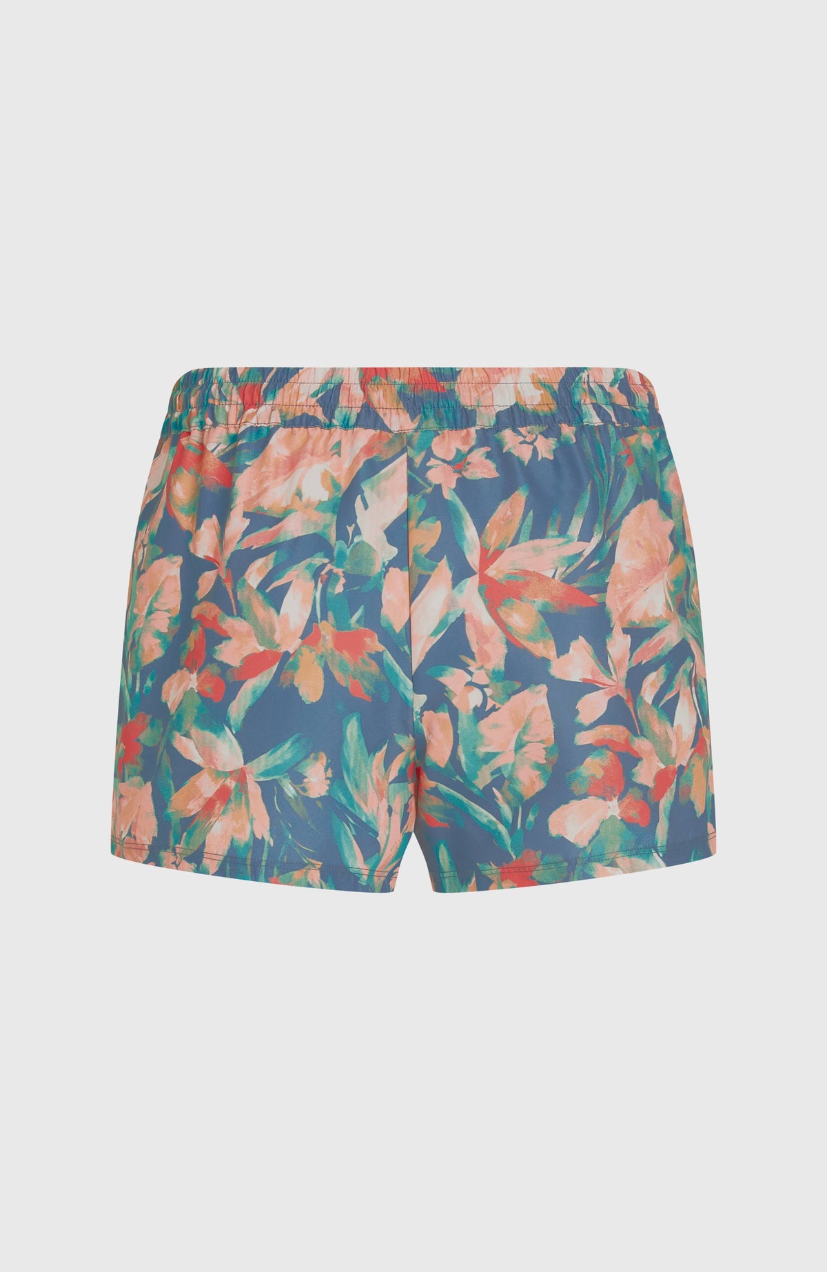 Essentials Print 12'' Badeshorts, blau mit Blumenmuster in Orange und Grün, flach liegend von hinten