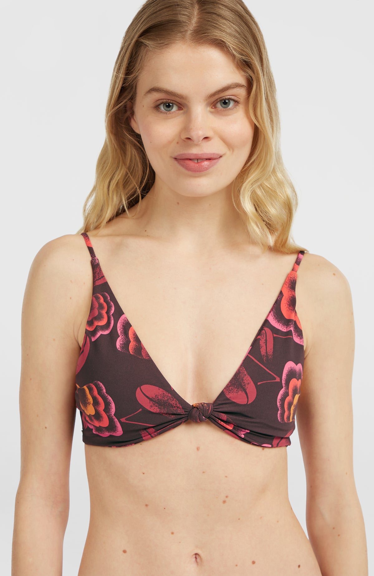 O'Riginals Pismo Flamenco Bikini-Set, braun mit Blumenmuster in Pink und Orange, Nahaufnahme mit Knotendetail