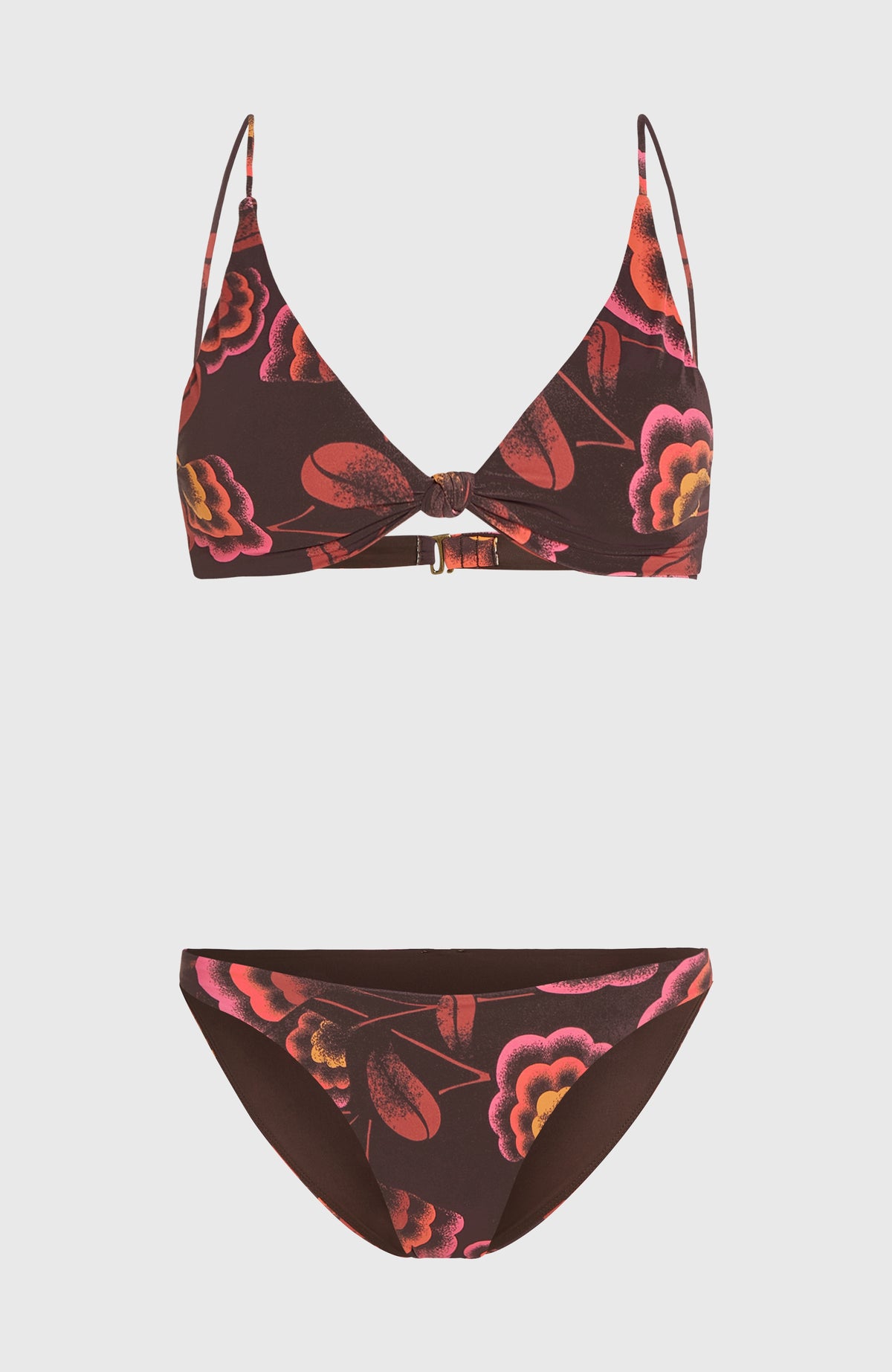 O'Riginals Pismo Flamenco Bikini-Set für Damen, braun mit Blumenmuster in Pink und Orange, freigestellt von vorne