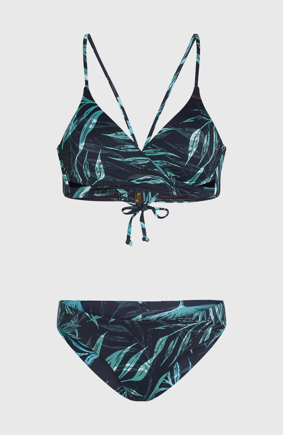 Baay Maoi Bikini-Set für Damen, blau mit Blättermuster in Türkis, freigestellt von vorne