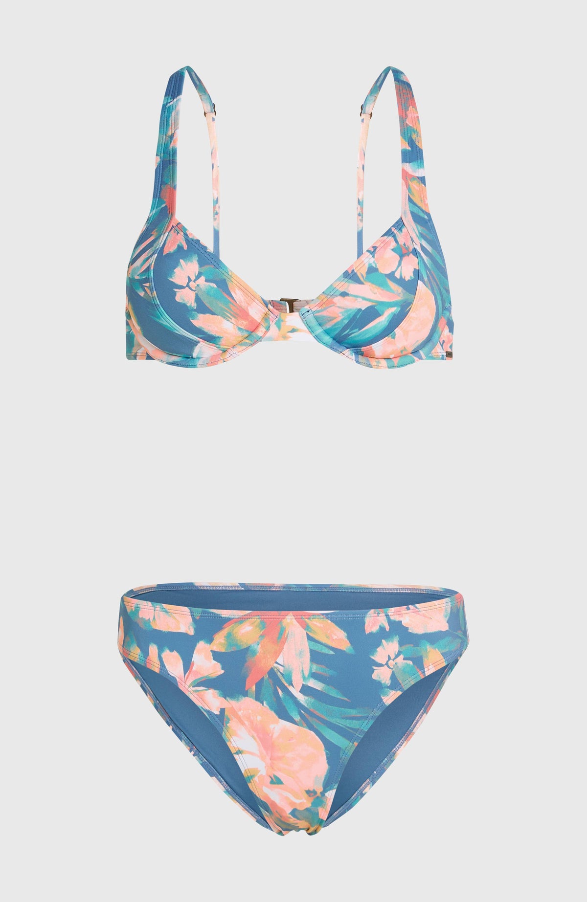 Saltwater Elsie Rita Bikini-Set für Damen, blau mit Blumenmuster in Rosa und Grün, freigestellt von vorne