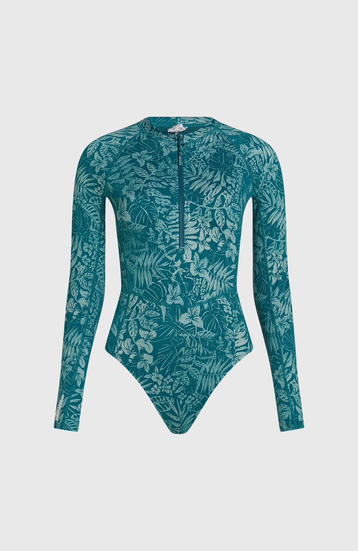 Grüner Longsleeve-Badeanzug für Damen mit Pflanzenmuster in Hellgrün, freigestellt von vorne mit Reißverschluss