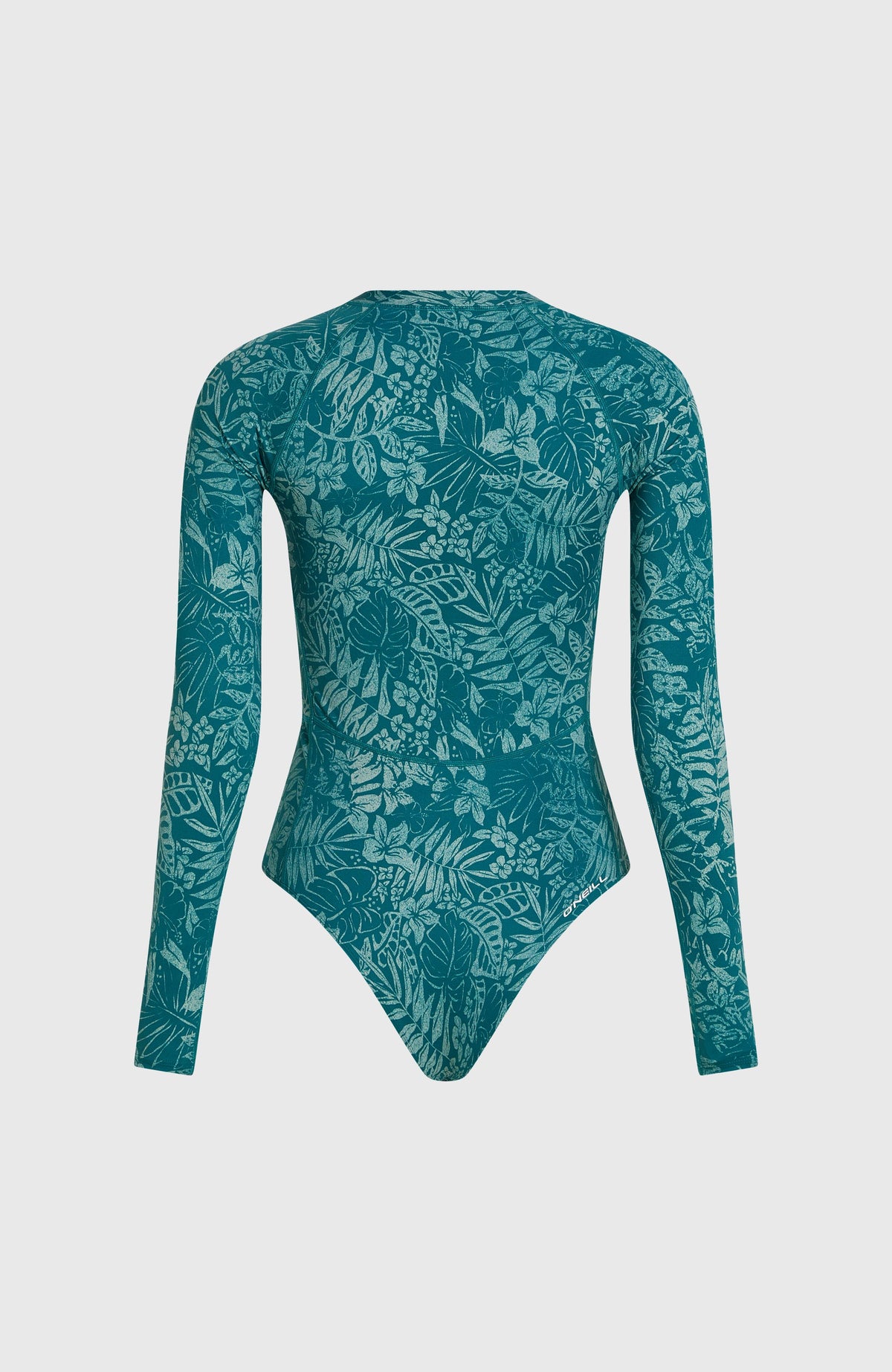 Grüner Longsleeve-Badeanzug für Damen mit Pflanzenmuster in Hellgrün, freigestellt von hinten mit Logo-Print