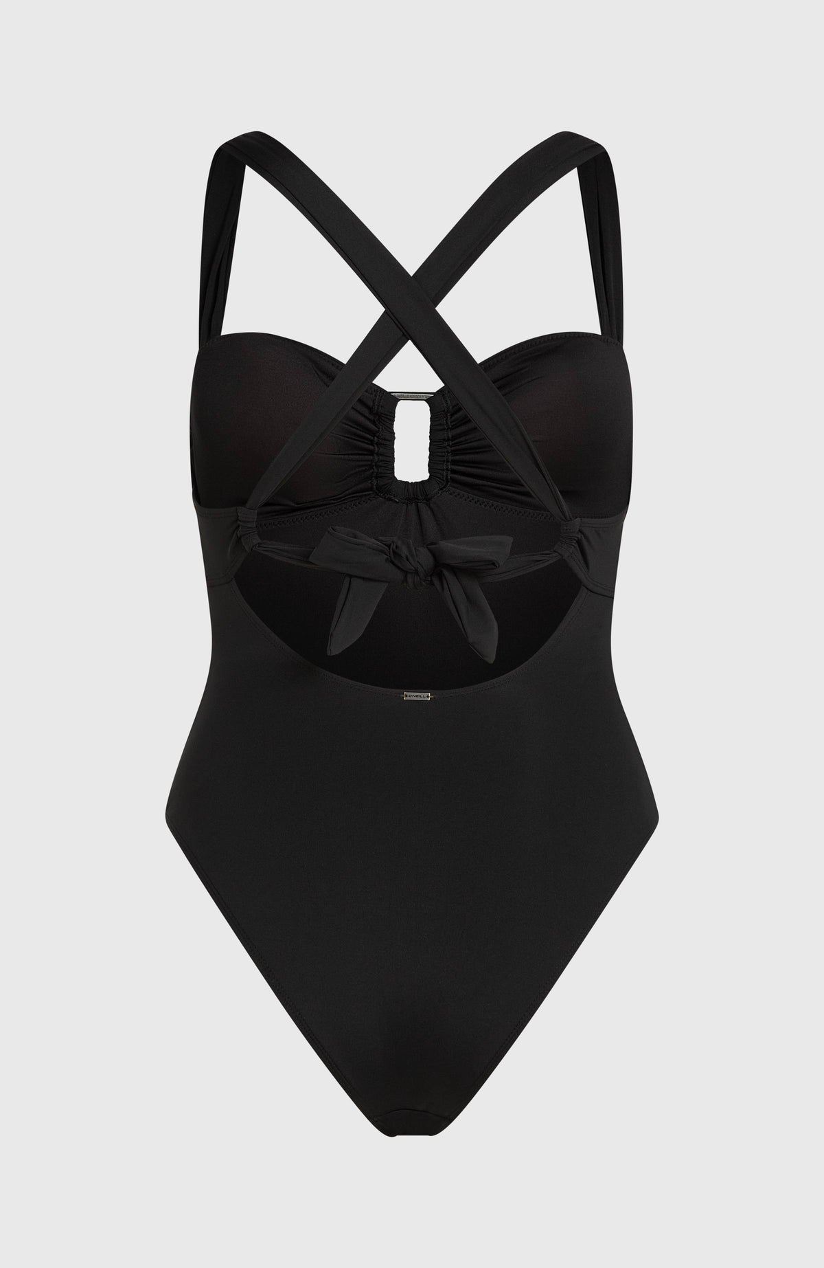 Annie Badeanzug für Damen, schwarz, freigestellt von hinten mit Cut-Out-Detail und Bindebändern