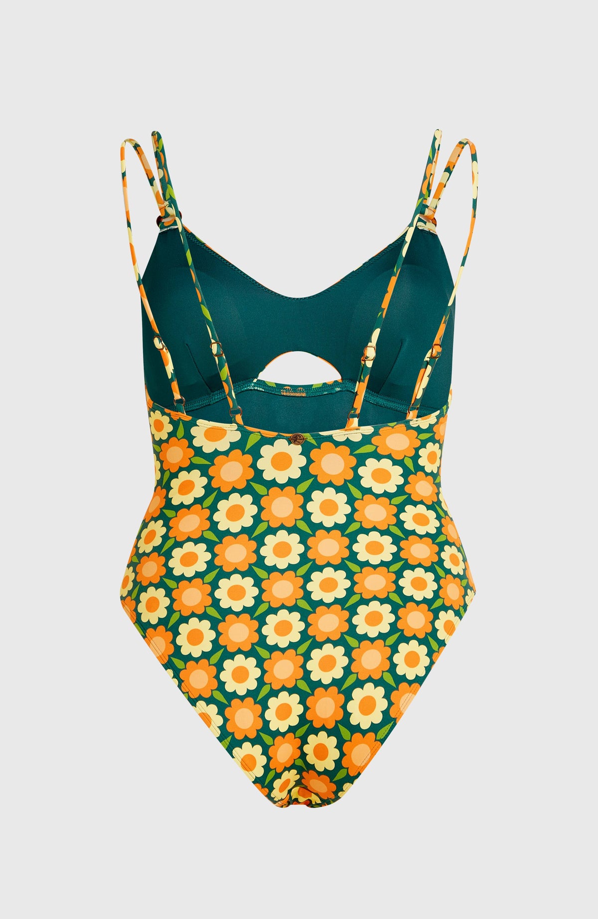 O'Riginals Badeanzug für Damen, grün mit Blumenmuster in Gelb und Orange, freigestellt in der Rückansicht