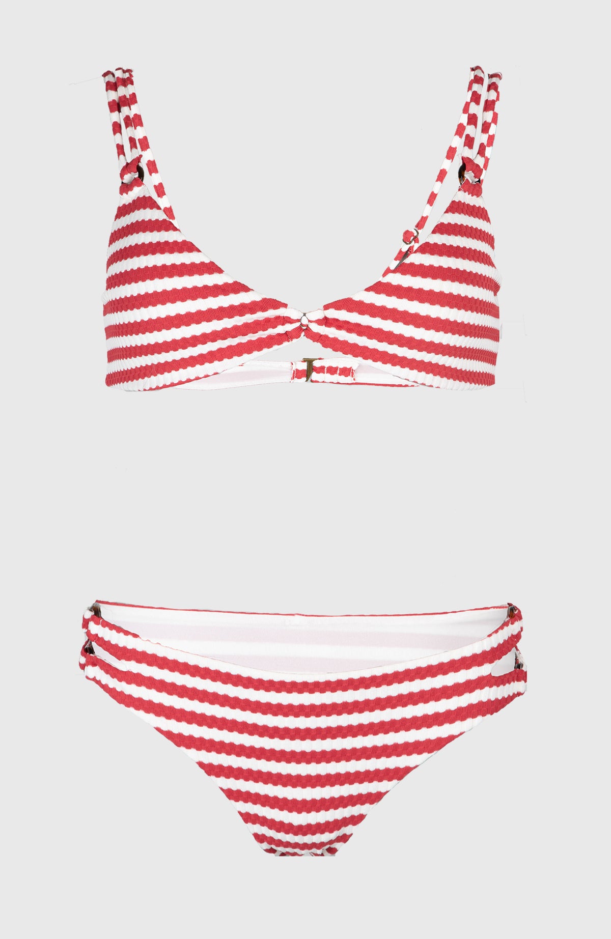 O'Riginals Bikini-Set für Damen, weiß mit Streifenmuster in Rot, beide Teile flach liegend von vorne freigestellt