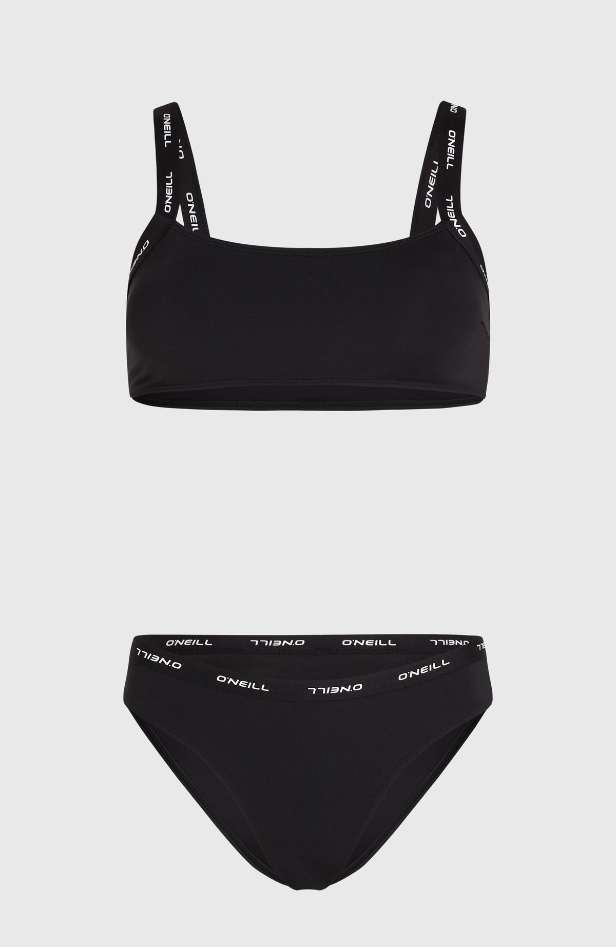 Sport Bikini-Set für Damen, schwarz, flach liegend von vorne, Oberteil und Bikinihose mit Logo-Bändern