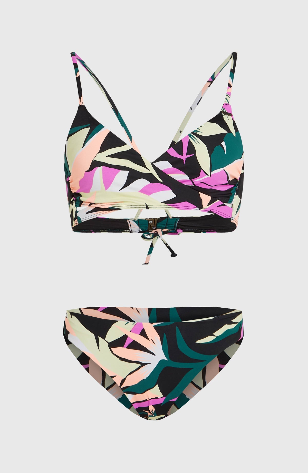 Essentials Baay Maoi Bikini-Set, schwarz mit Tropenmuster in Pink und Grün, Oberteil und Hose freigestellt von vorne