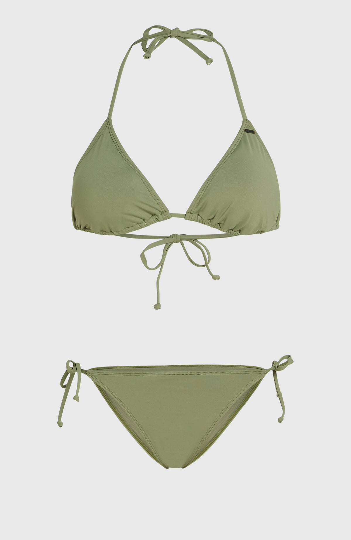 Essentials Capri Bondey Bikini-Set für Damen, grün, flach liegend von vorne mit Oberteil und Hose mit Bindebändern