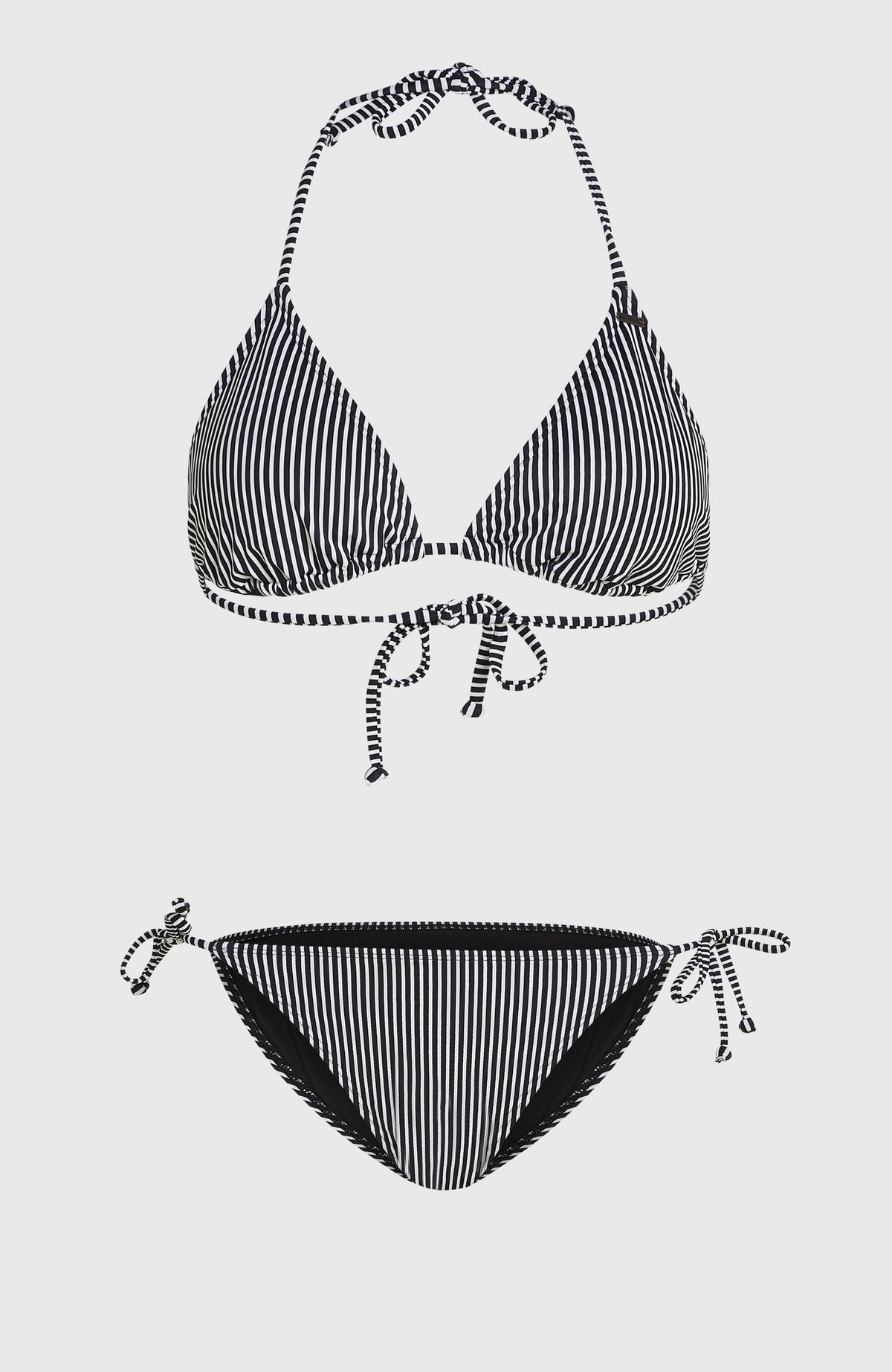 Essentials Capri Bondey Bikini-Set für Damen, schwarz mit Streifenmuster in Weiß, flach liegend von vorne
