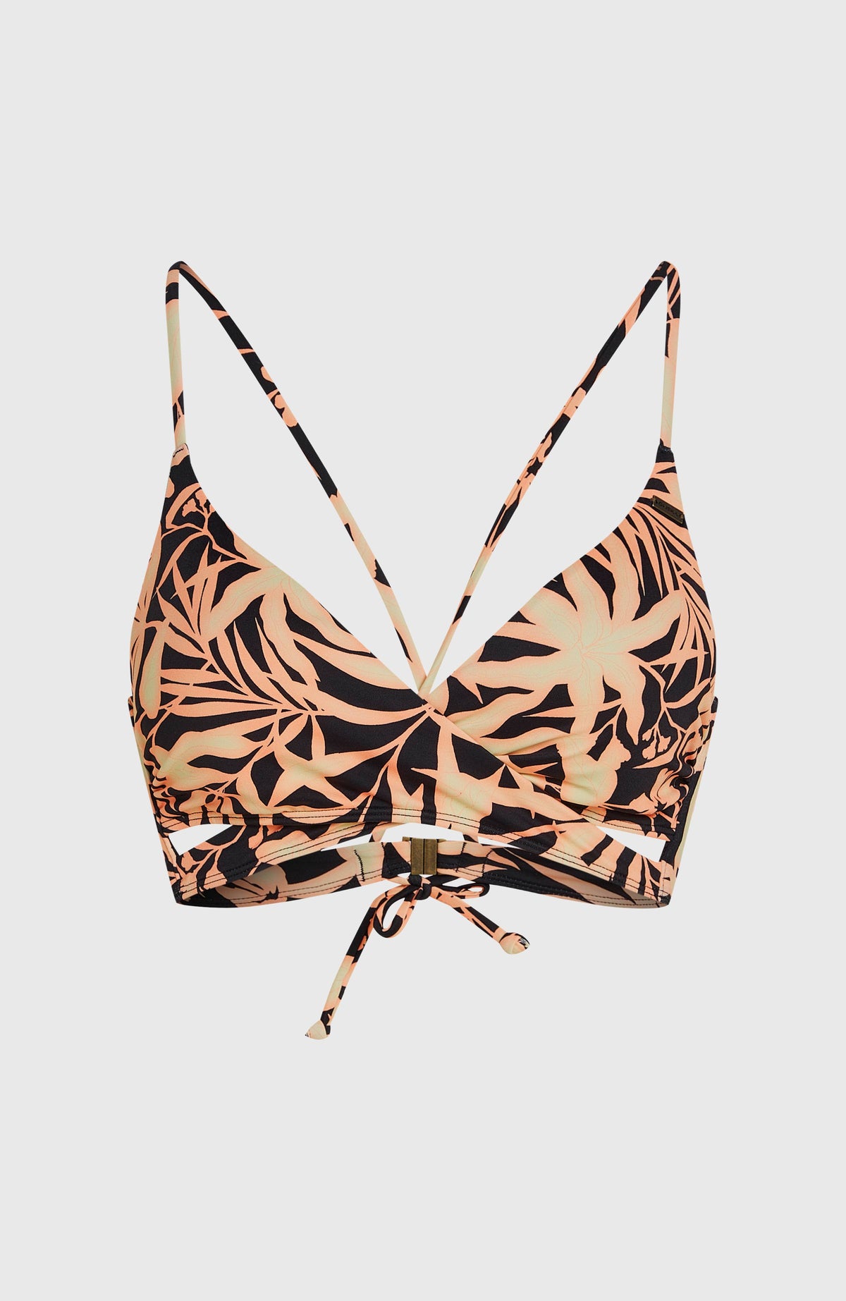 Baay Bikini-Oberteil für Damen, schwarz mit Pflanzenmuster in Orange, freigestellt von vorne
