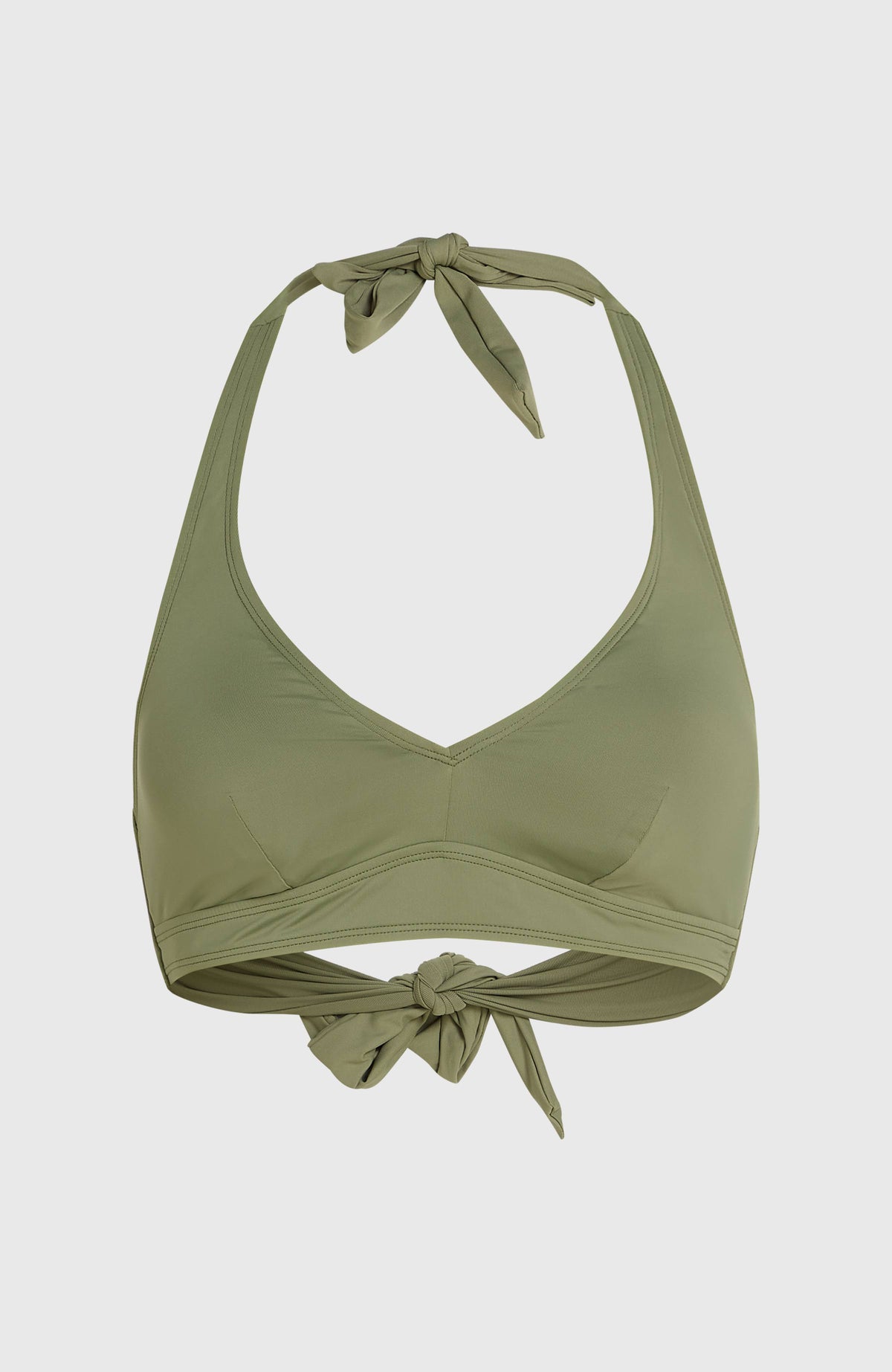 Grenada Bikini-Oberteil für Damen, grün, freigestellt von vorne mit gebundenen Trägern und Verschlussband