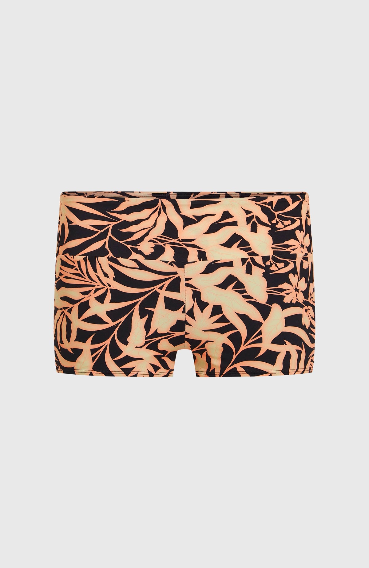 Schwarze Grenada Bikinihose mit Blättermuster in Orange, flach liegend von vorne