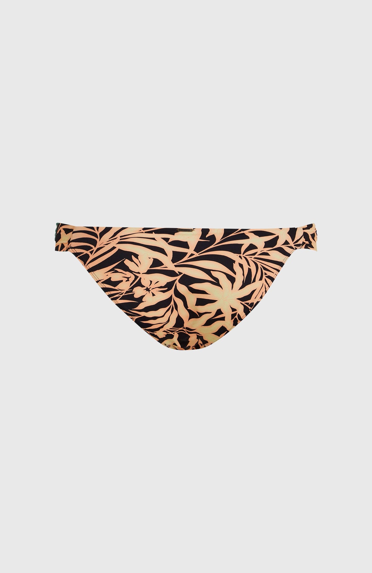 Kee Bikinihose für Damen, schwarz mit Pflanzenmuster in Orange, flach liegend von hinten mit Logo-Badge am Bund