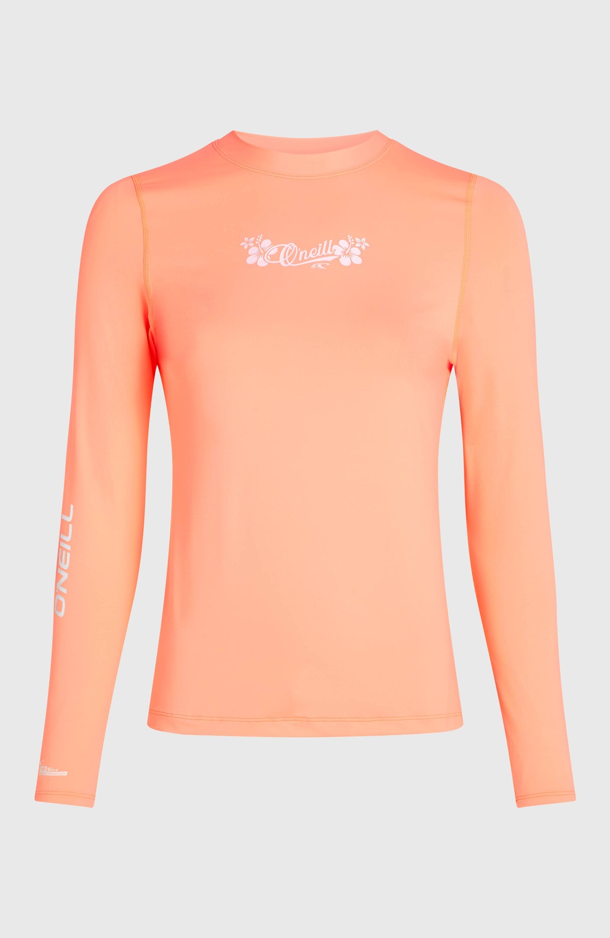 Longsleeve-UV-Shirt für Damen, orange mit Logo-Print in Weiß, freigestellt von vorne