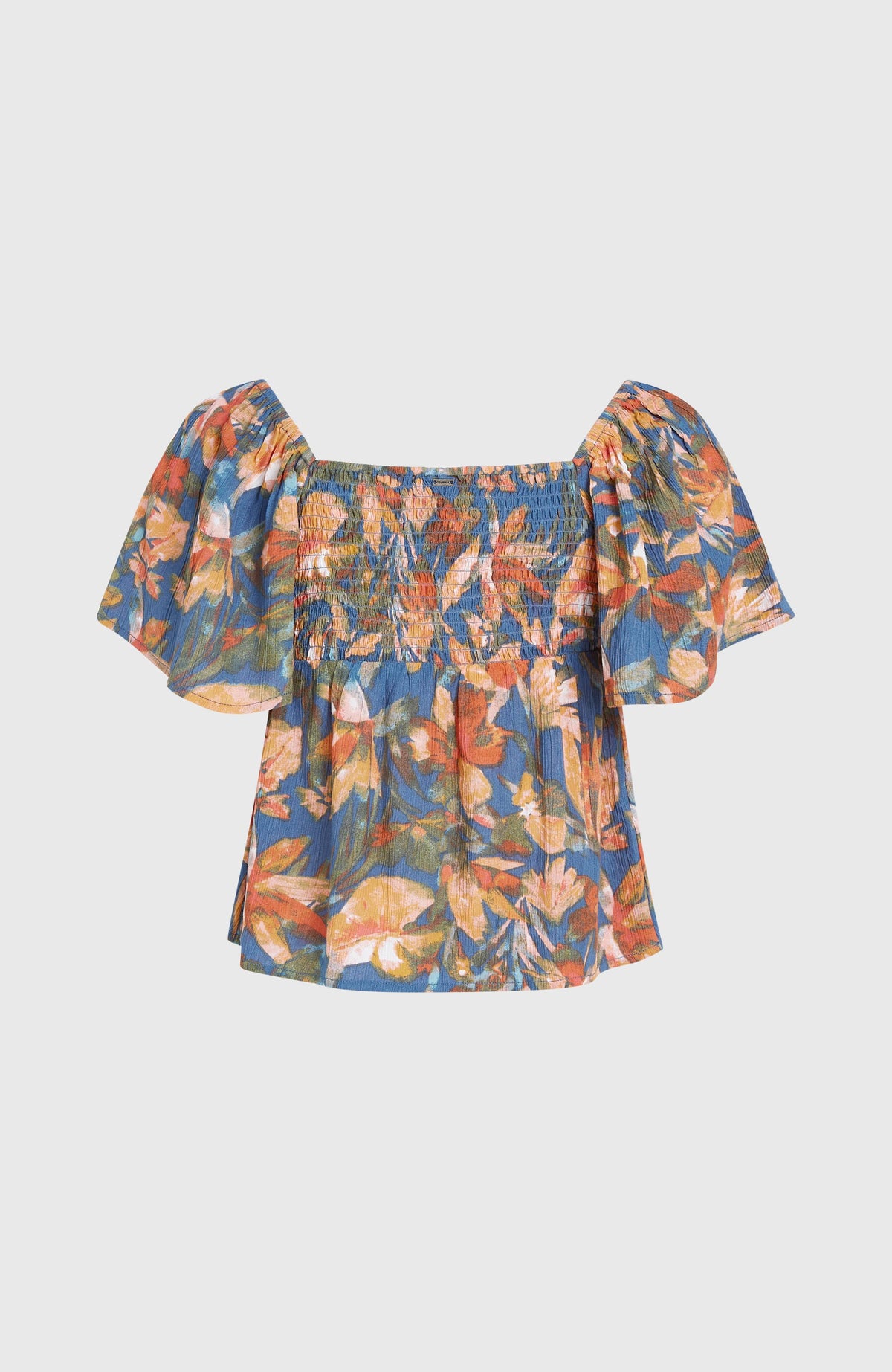 Huges Web-Oberteil für Damen, blau mit Blumenmuster in Orange, freigestellt von hinten mit Smok-Detail