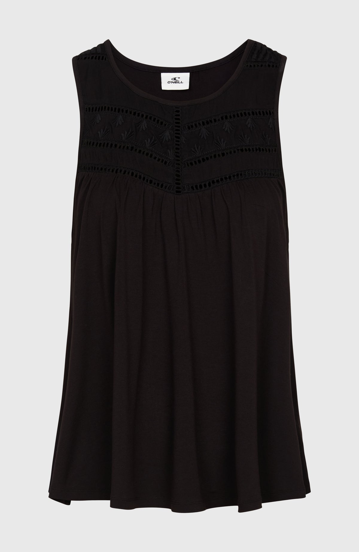 Essentials Tokeena Tanktop mit Stickerei für Damen, schwarz, freigestellt von vorne mit rundem Ausschnitt