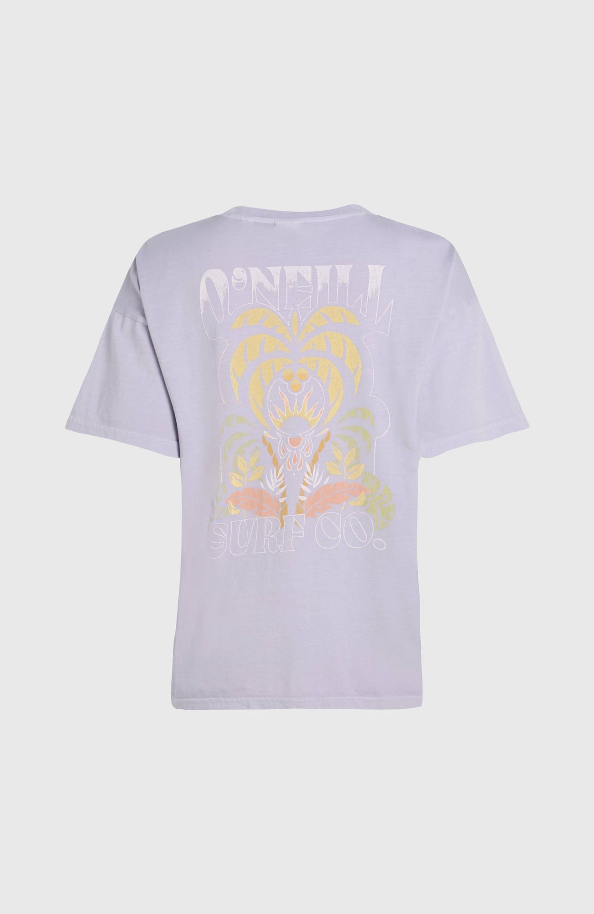 Beach Vintage T-Shirt für Damen, lila mit Palmen-Print in Gelb, freigestellt von hinten