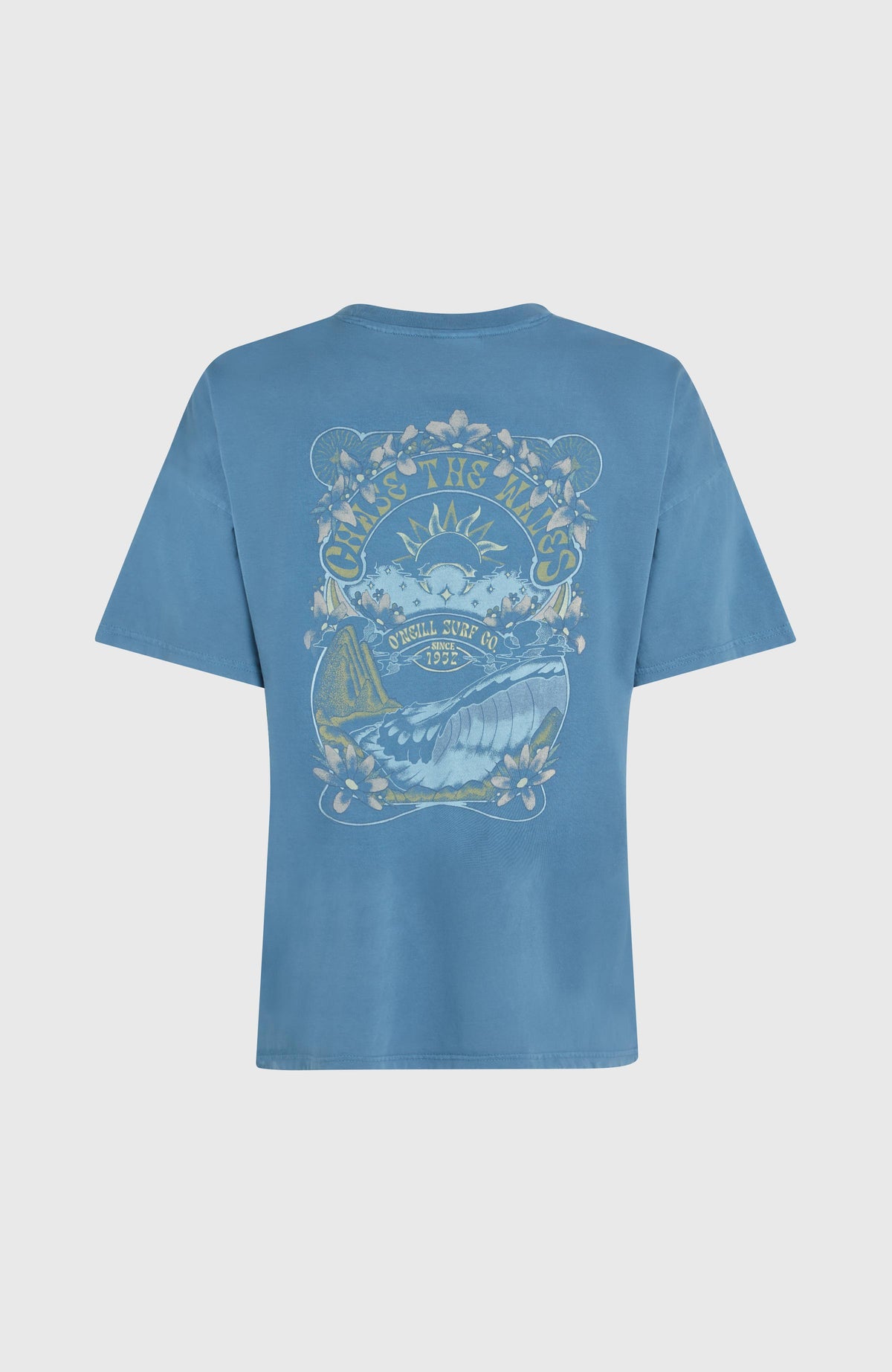 Beach Vintage T-Shirt für Damen, blau mit Grafik-Print, freigestellt von hinten