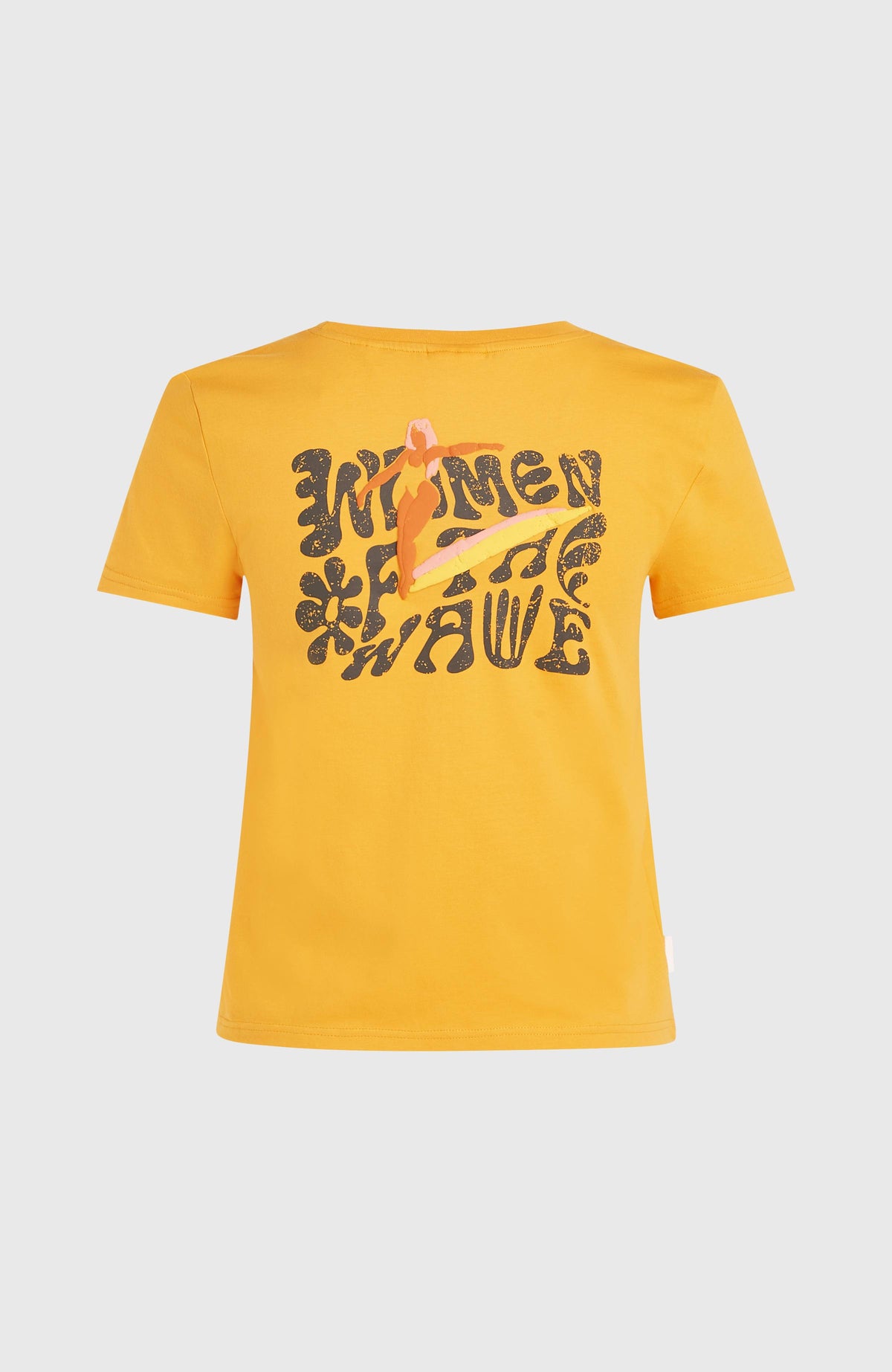 Women of the Wave T-Shirt für Damen, orange mit Grafik-Print in Schwarz, freigestellt von hinten