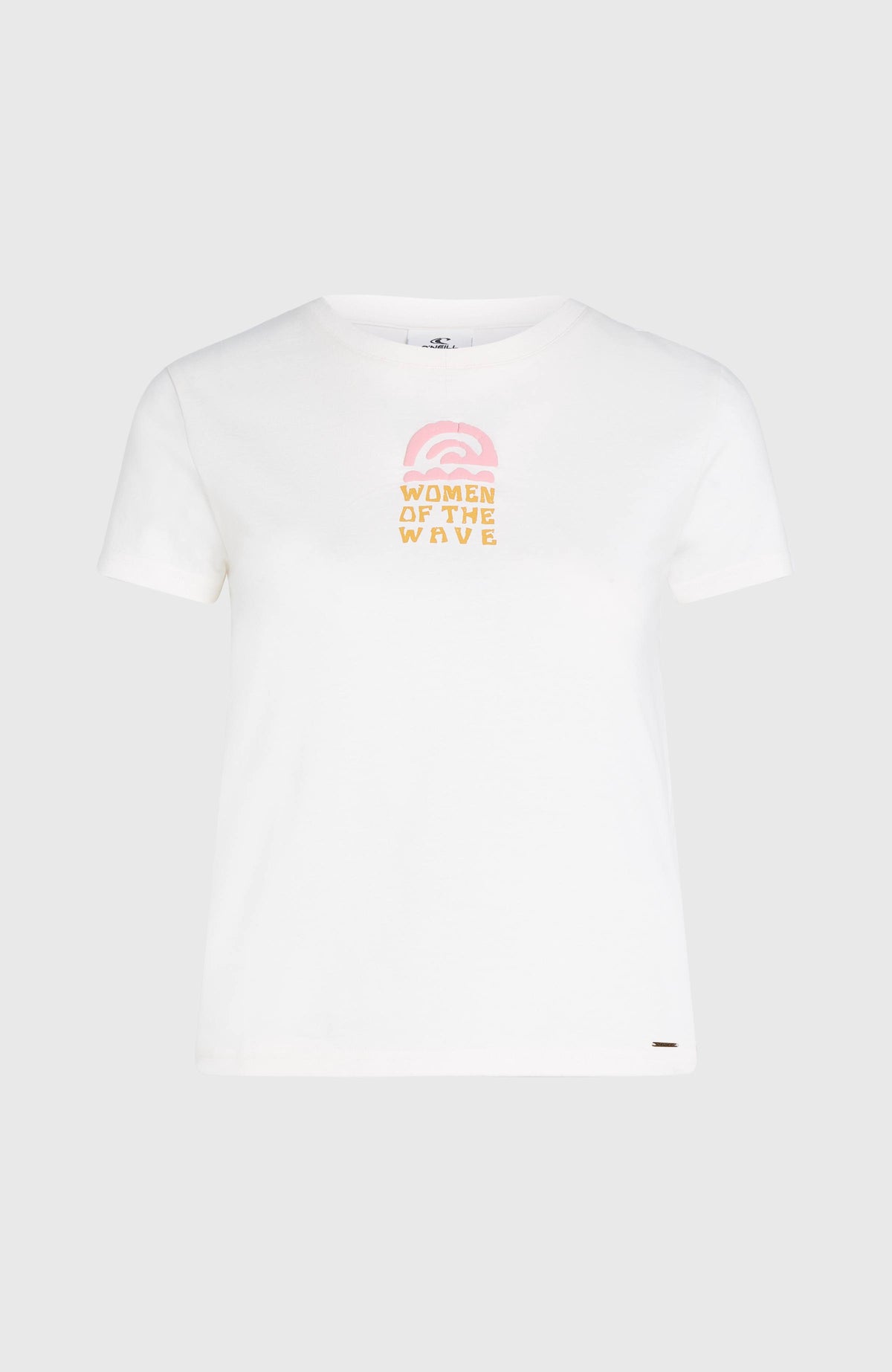 Women of the Wave T-Shirt für Damen, beige mit Grafik-Print in Rosa und Gelb, freigestellt von vorne