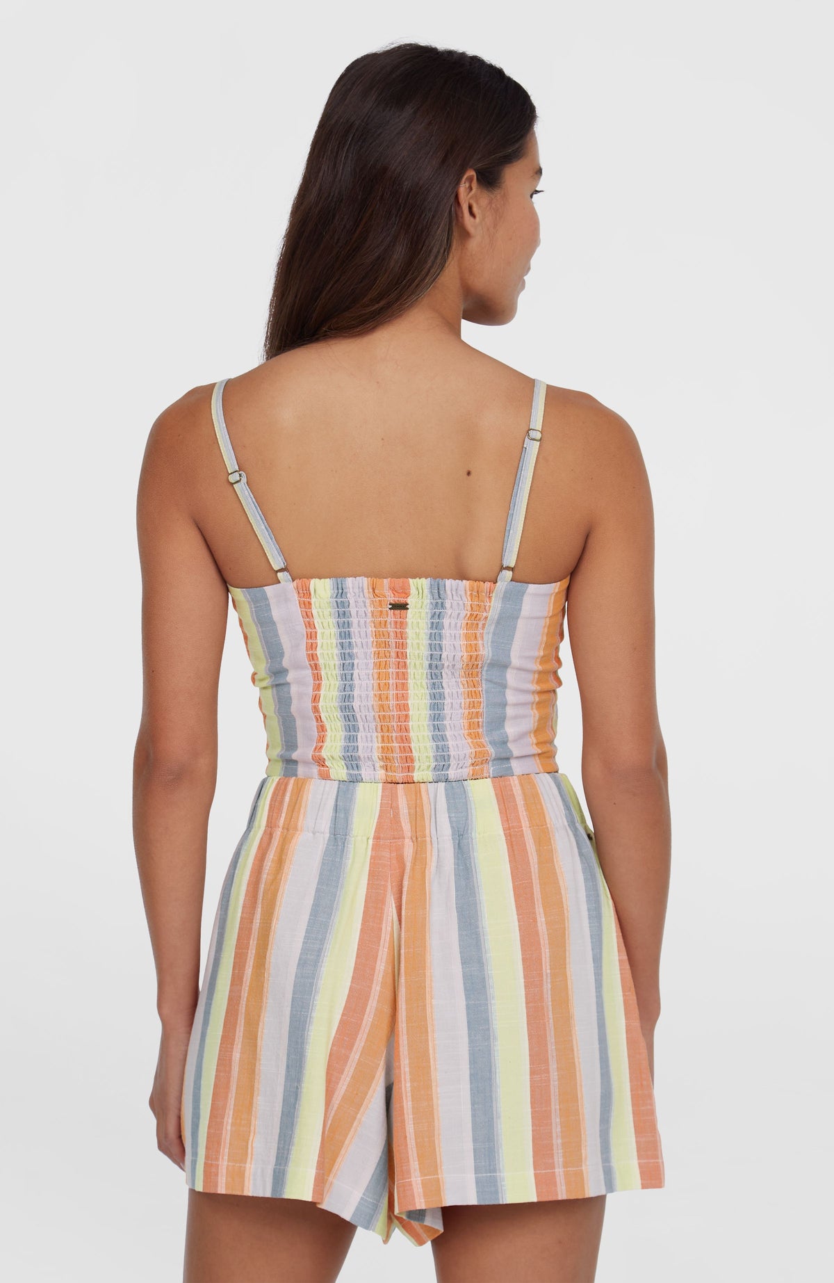 Beach Vintage Cropped Top für Damen, gelb mit Streifenmuster in Orange und Blau, Rückansicht mit gesmoktem Rücken