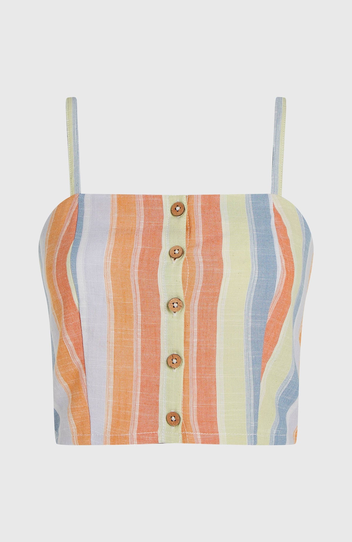 Beach Vintage Cropped Top für Damen, gelb mit Streifenmuster in Orange und Blau, freigestellt von vorne mit Knöpfen