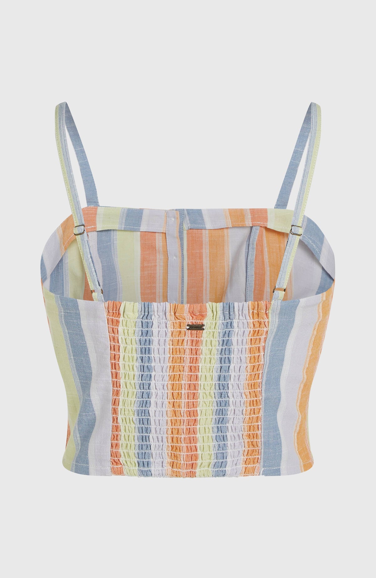 Beach Vintage Cropped Top für Damen, gelb mit Streifenmuster in Orange und Blau, freigestellt von hinten, gesmokt