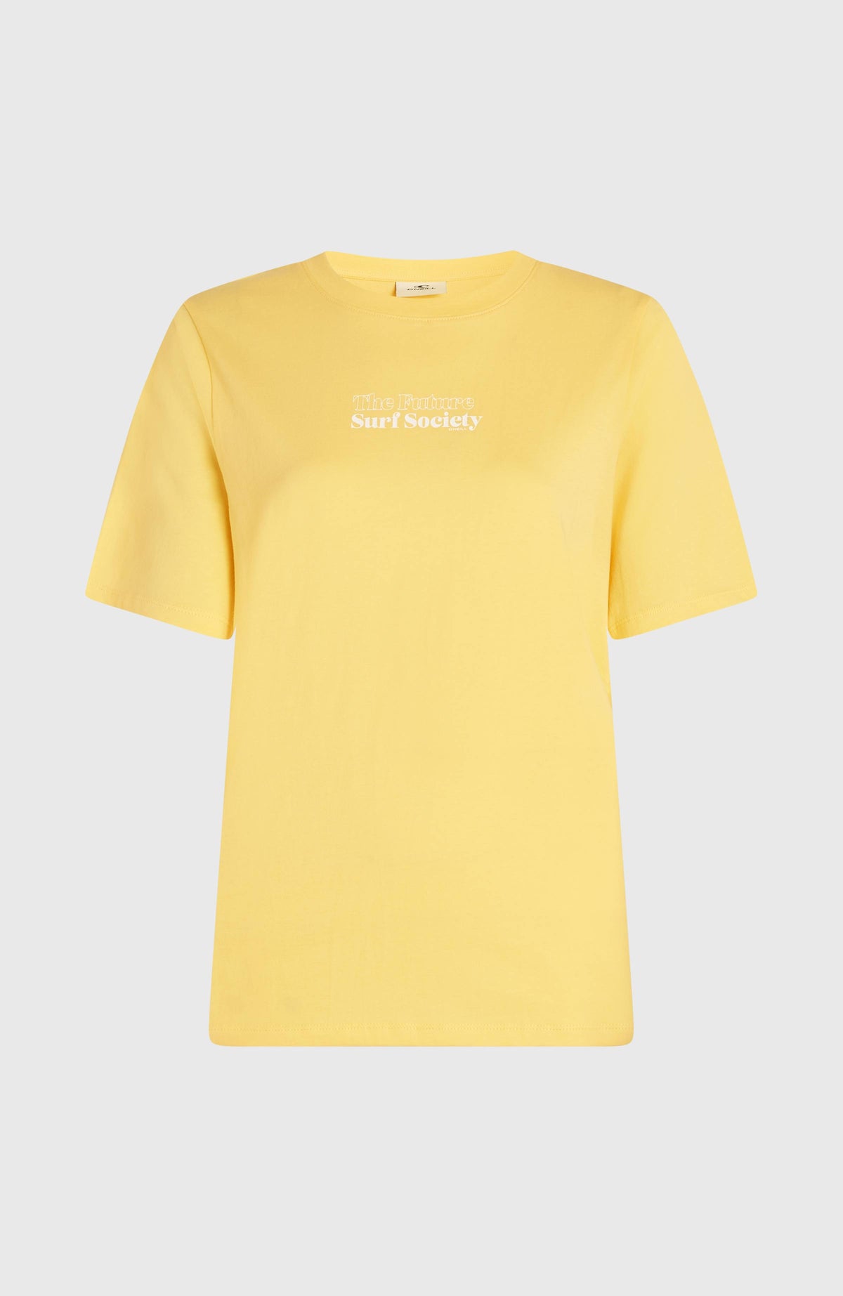 Future Surf Society T-Shirt für Damen, gelb mit Schriftzug in Weiß, flach liegend von vorne