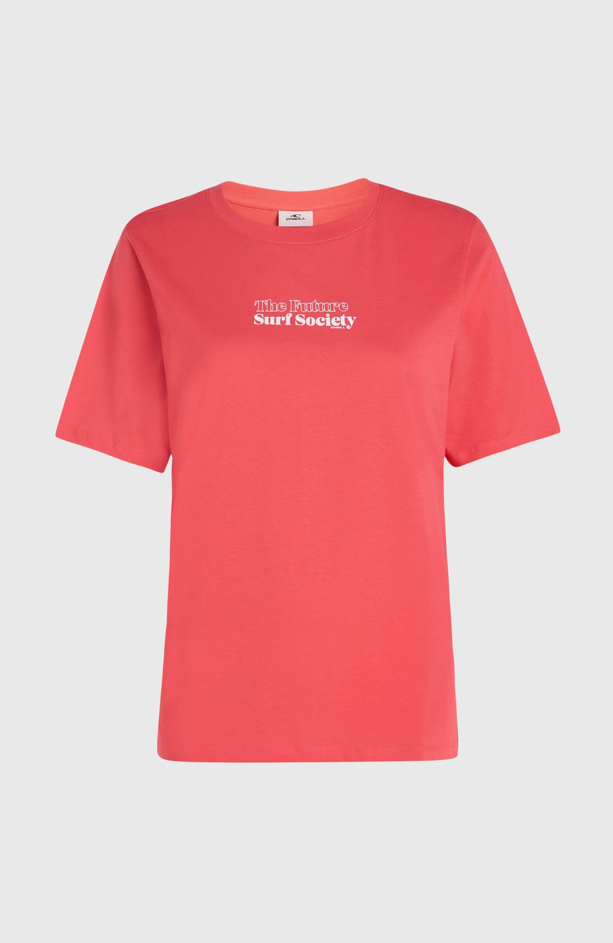 Future Surf Society T-Shirt für Damen, pink mit Logo-Print in Weiß, freigestellt von vorne