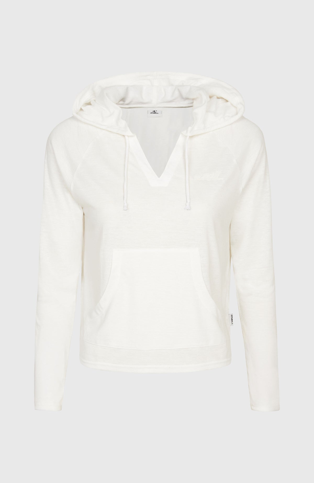 Essentials Langarm-Hoodie für Damen, weiß, freigestellt von vorne mit Kängurutasche
