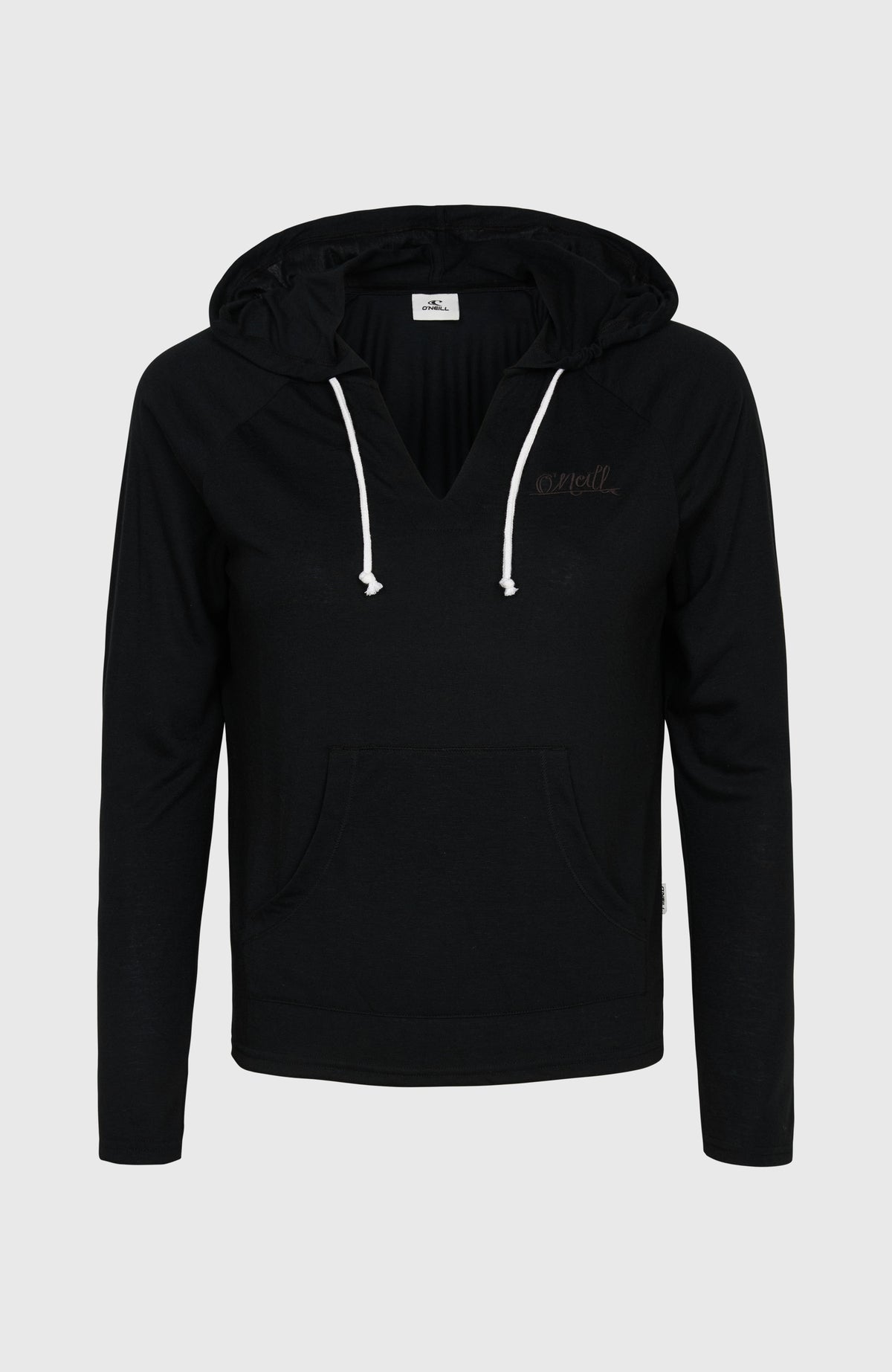 Essentials Langarm-Hoodie für Damen, schwarz, freigestellt von vorne mit Kapuze, Kordelzug und Kängurutasche