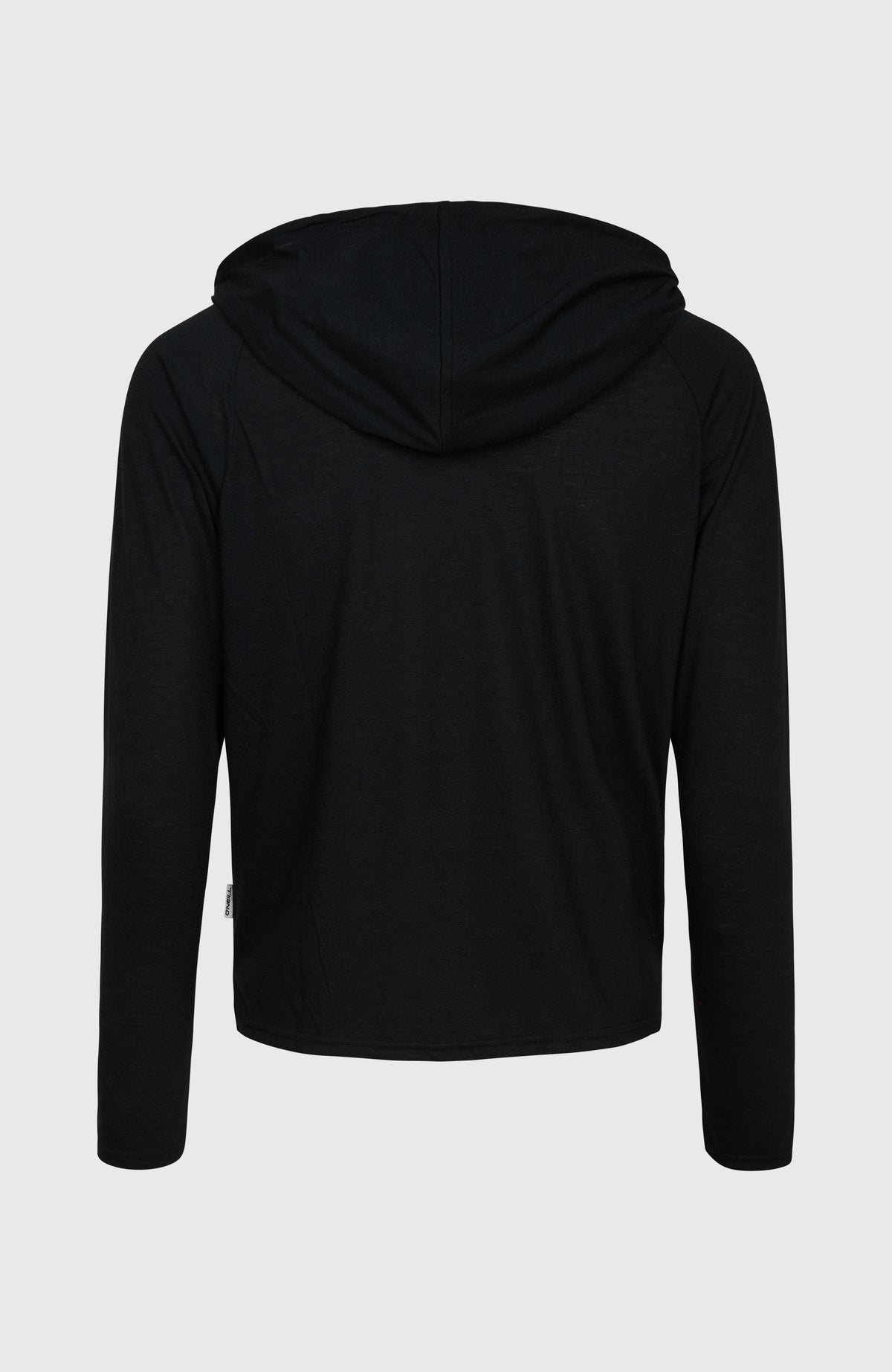 Essentials Langarm-Hoodie für Damen, schwarz, freigestellt von hinten mit Kapuze und dezentem Logo-Label am Saum