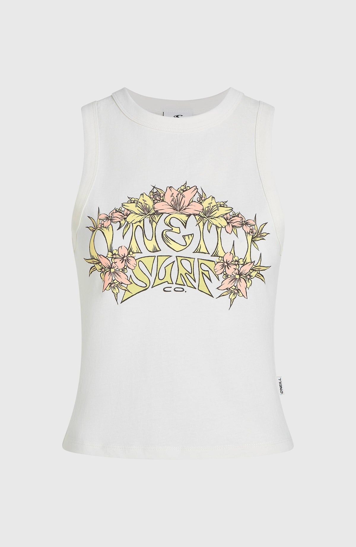 Summer Must Haves Graphic Tanktop für Damen, weiß mit Logo-Print in Gelb und Rosa, freigestellt von vorne