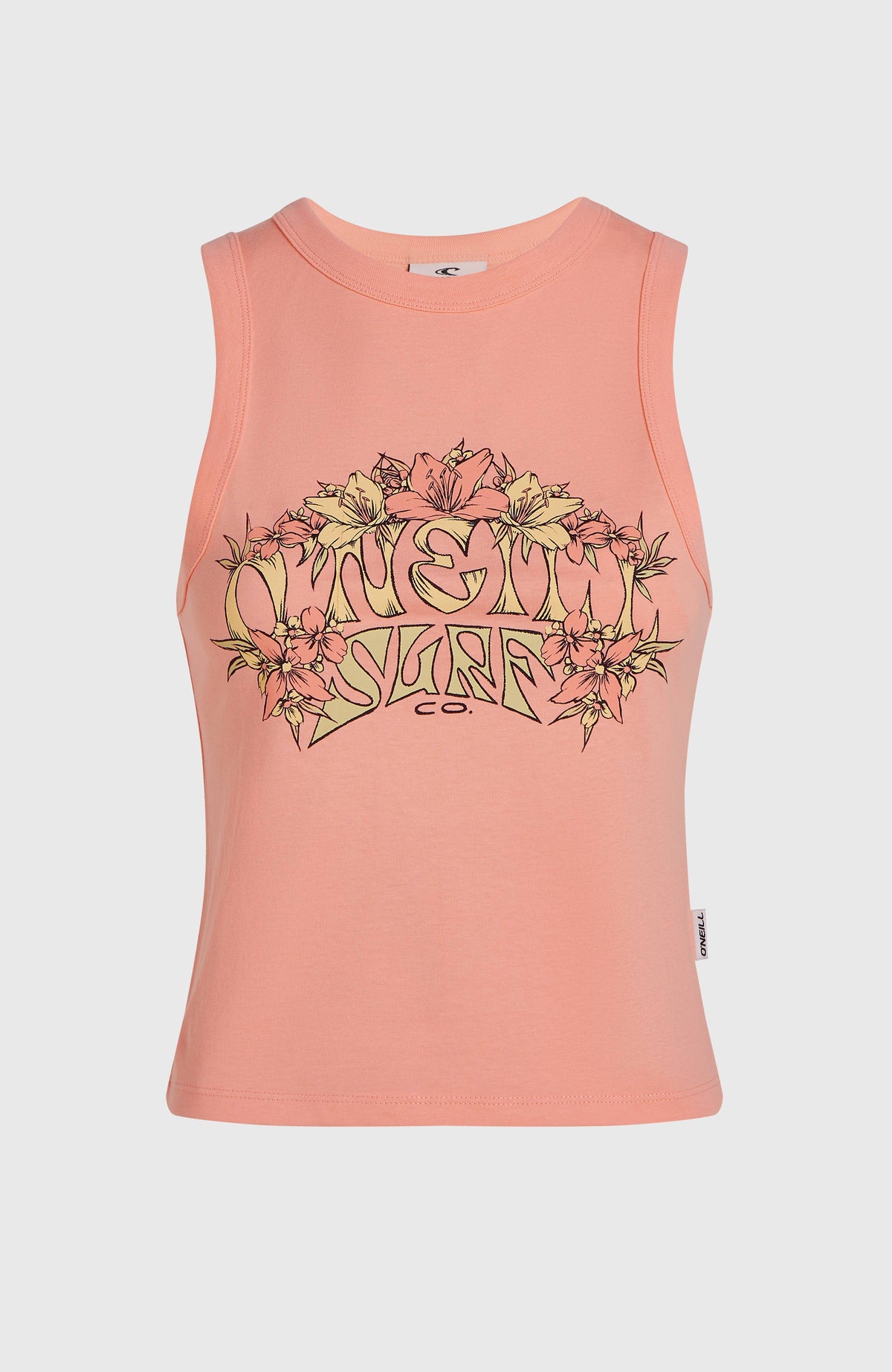 Summer Must Haves Graphic Tanktop für Damen, pink mit Logo-Print in Gelb, freigestellt von vorne, Label an der Seitennaht