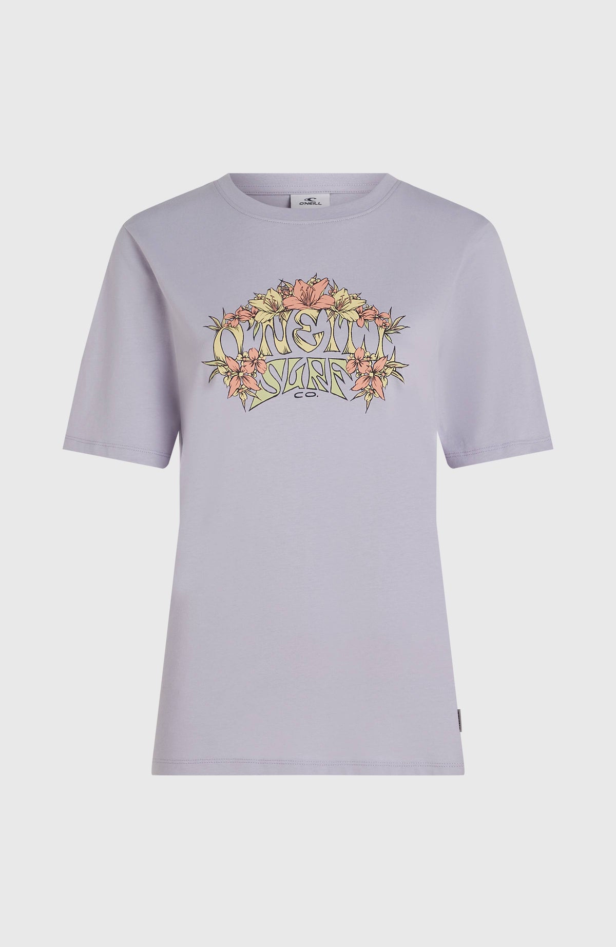 Summer Must Haves Graphic T-Shirt für Damen, lila mit Grafikprint in Gelb und Rosa, freigestellt von vorne