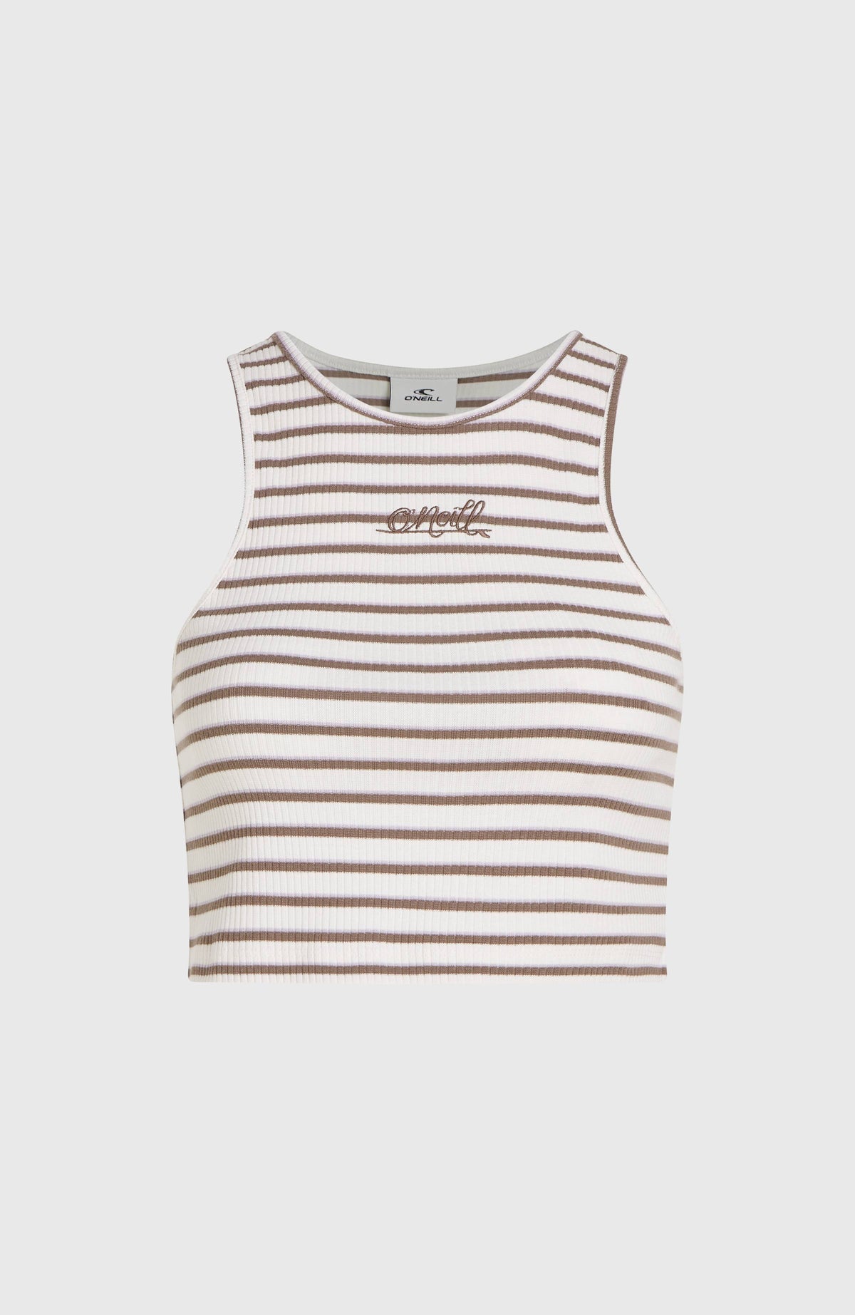 Jess Rib Tanktop für Damen, weiß mit Streifenmuster in Braun, freigestellt von vorne