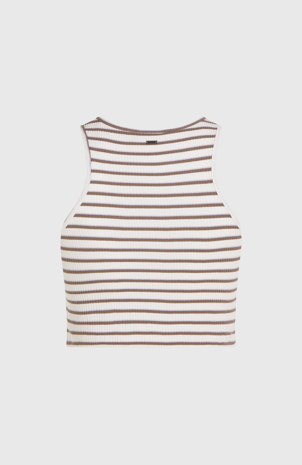 Jess Rib Tanktop für Damen, weiß mit Streifenmuster in Braun, freigestellt von hinten