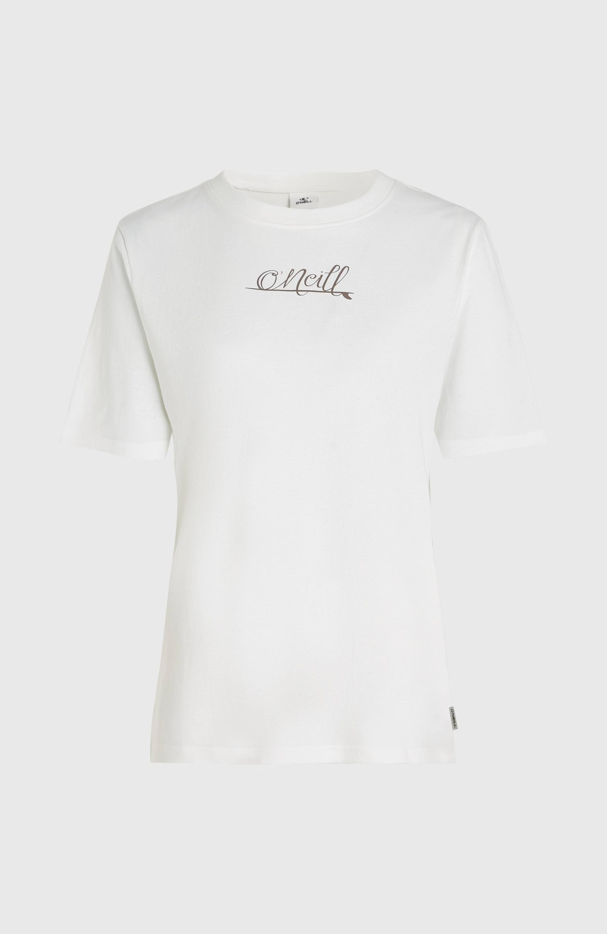 Essentials Script T-Shirt für Damen, weiß mit Logo-Print in Grau, freigestellt von vorne mit Rundhalsausschnitt