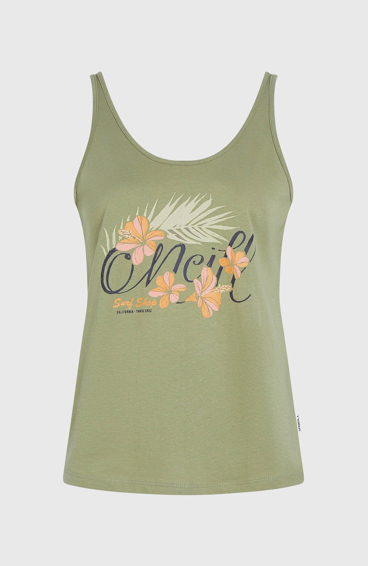 Luana Graphic Tanktop für Damen, grün mit Logo-Print in Orange und Schwarz, Produktansicht freigestellt von vorne