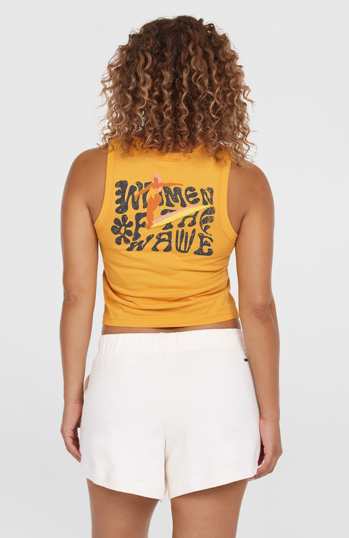 Women of the Wave Tanktop für Damen, orange mit Grafik-Print in Schwarz, Rückansicht getragen am Model