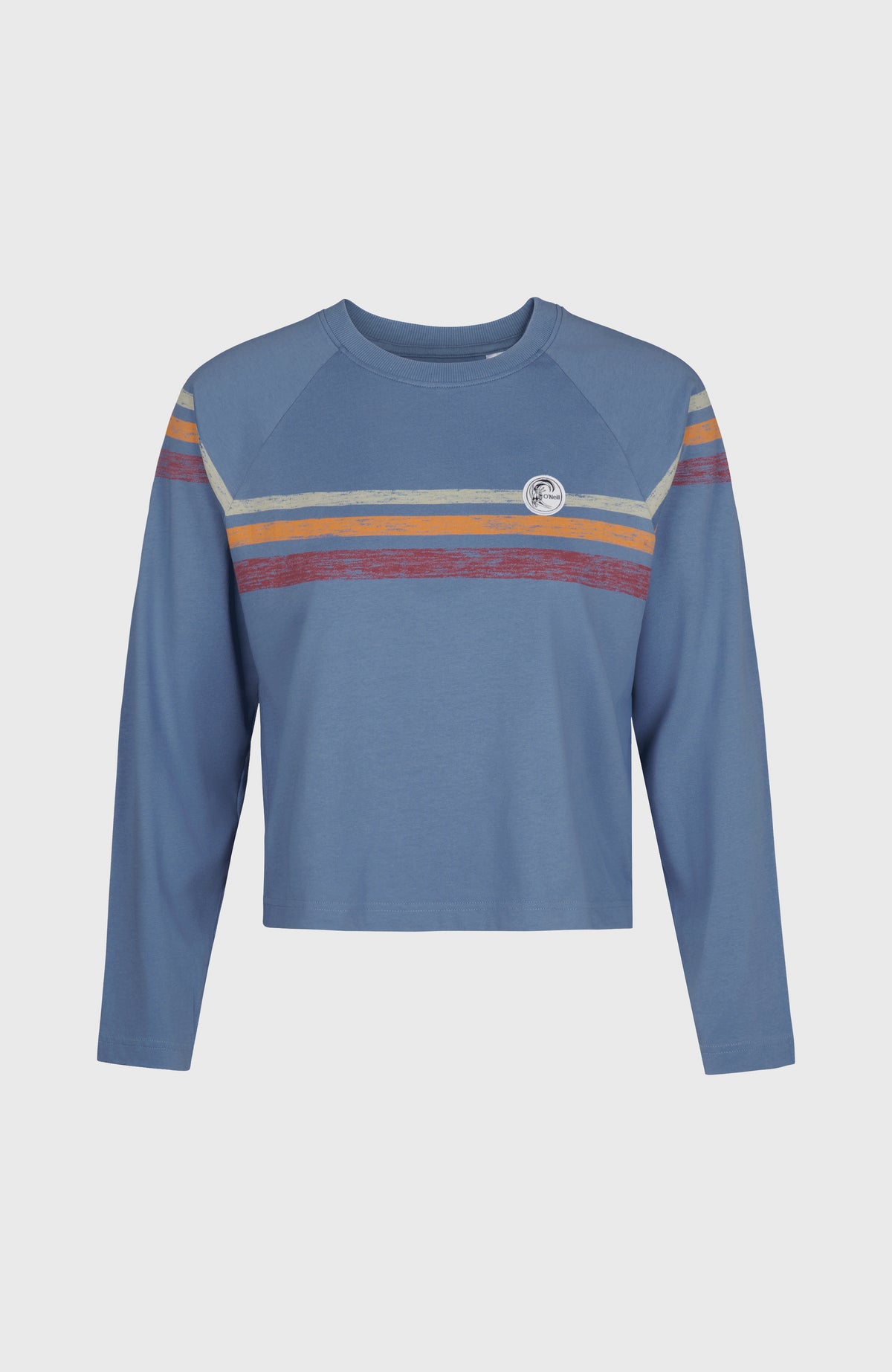 O'Riginals Langarmshirt für Damen, blau mit Streifenmuster in Orange und Rot, freigestellt von vorne