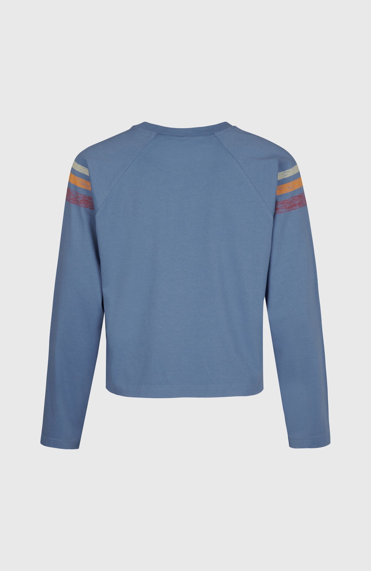 O'Riginals Langarmshirt für Damen, blau mit Streifenmuster an den Ärmeln, freigestellt von hinten