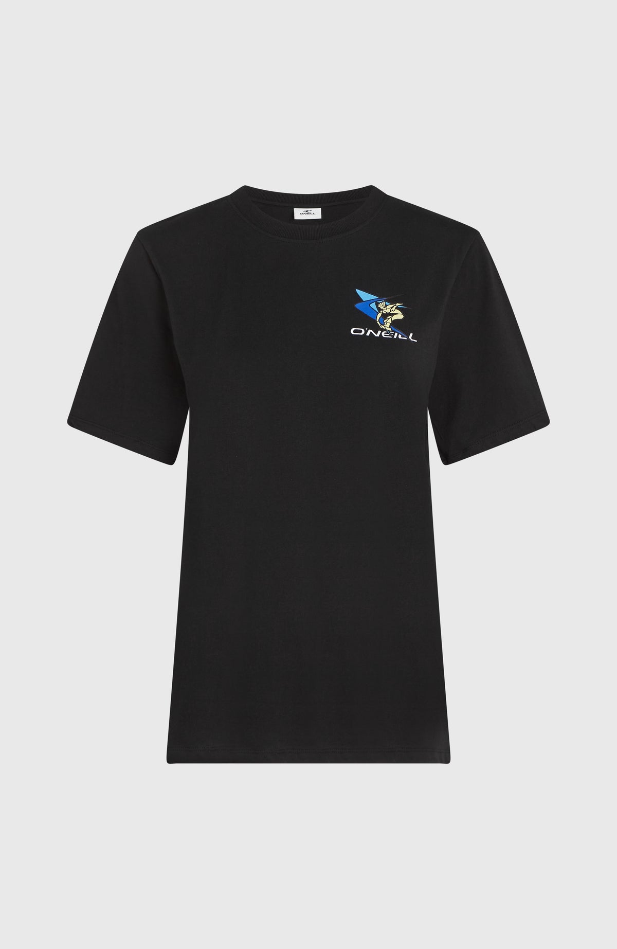 FWC'Play T-Shirt für Damen, schwarz mit Logo-Print in Blau und Gelb, freigestellt von vorne